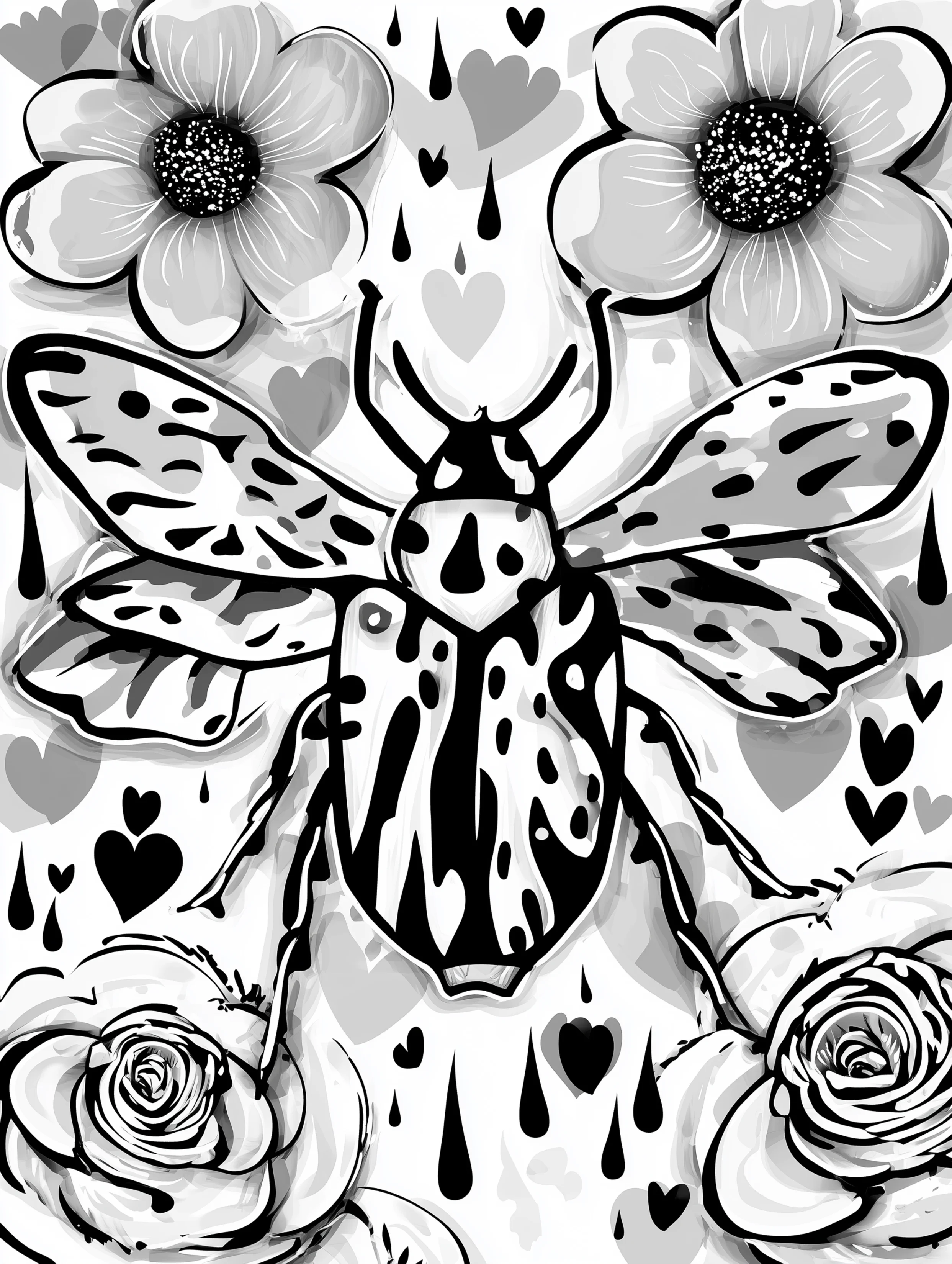 Free printable insect coloring page for adults featuring beetles with raindrop patterns